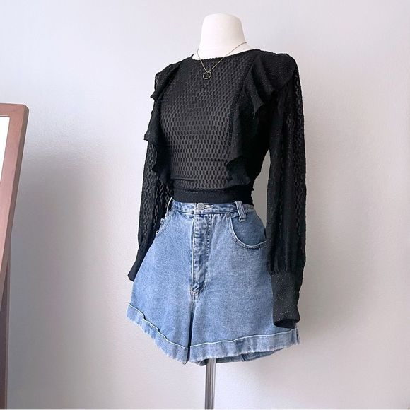 Bar III Tops - Sheer Dotted Long Sleeve Black Top